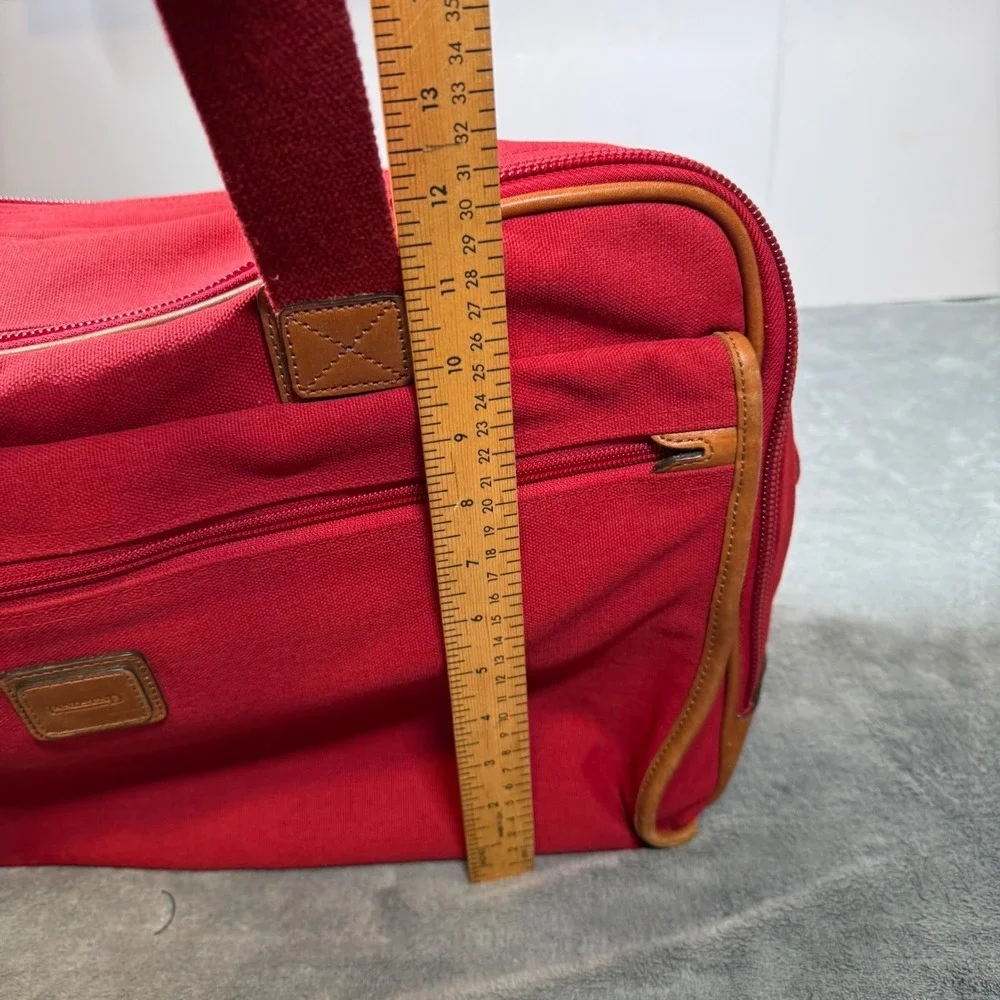 Lands End Red Canvas Duffle Bag Leather Trim Travel Carry On Weekender Luggage
